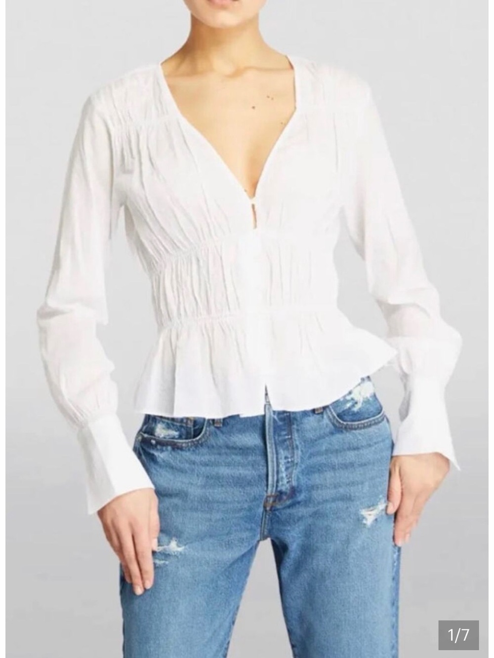 Frame Denim White Smocked Peplum V-Neck Blouse